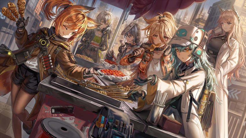 6+girls, animal_ear_fluff, animal_ears, antonina_(neural_cloud), baseball_cap, cat_ears, cat_girl, character_request