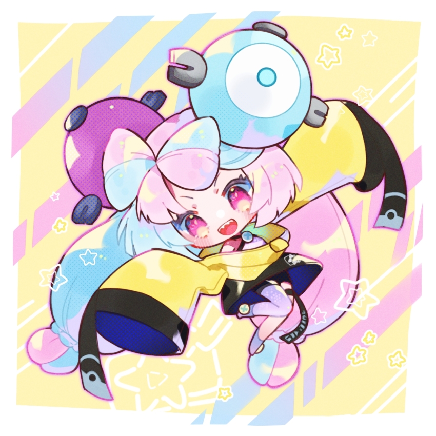 1girl, ashira_(siphaca), asymmetrical_legwear, bare_shoulders, bike_shorts, black_jacket, blue_hair, bow-shaped_hair