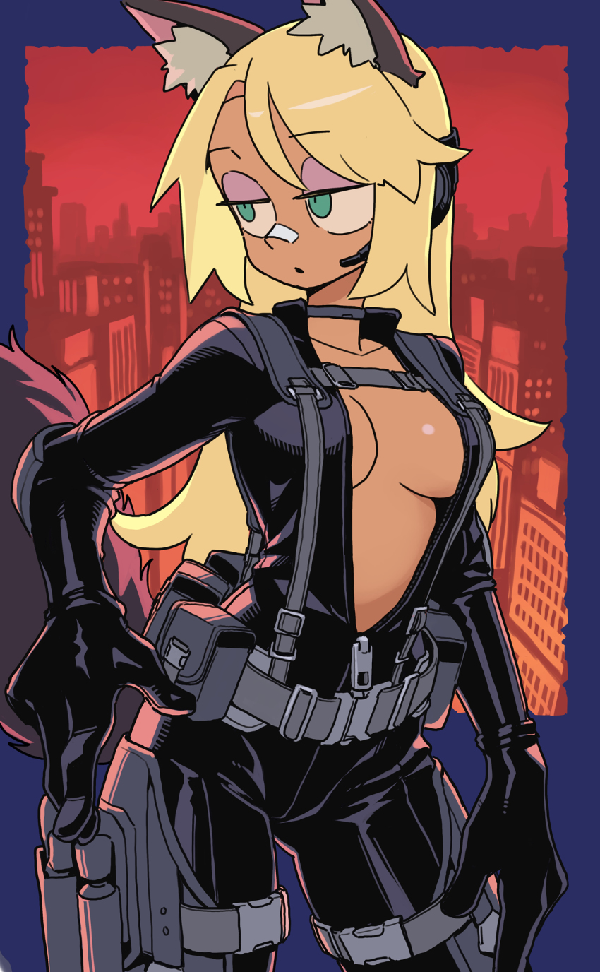 1girl, animal_ears, black_bodysuit, blonde_hair, bodysuit, borrowed_character, breasts, commission
