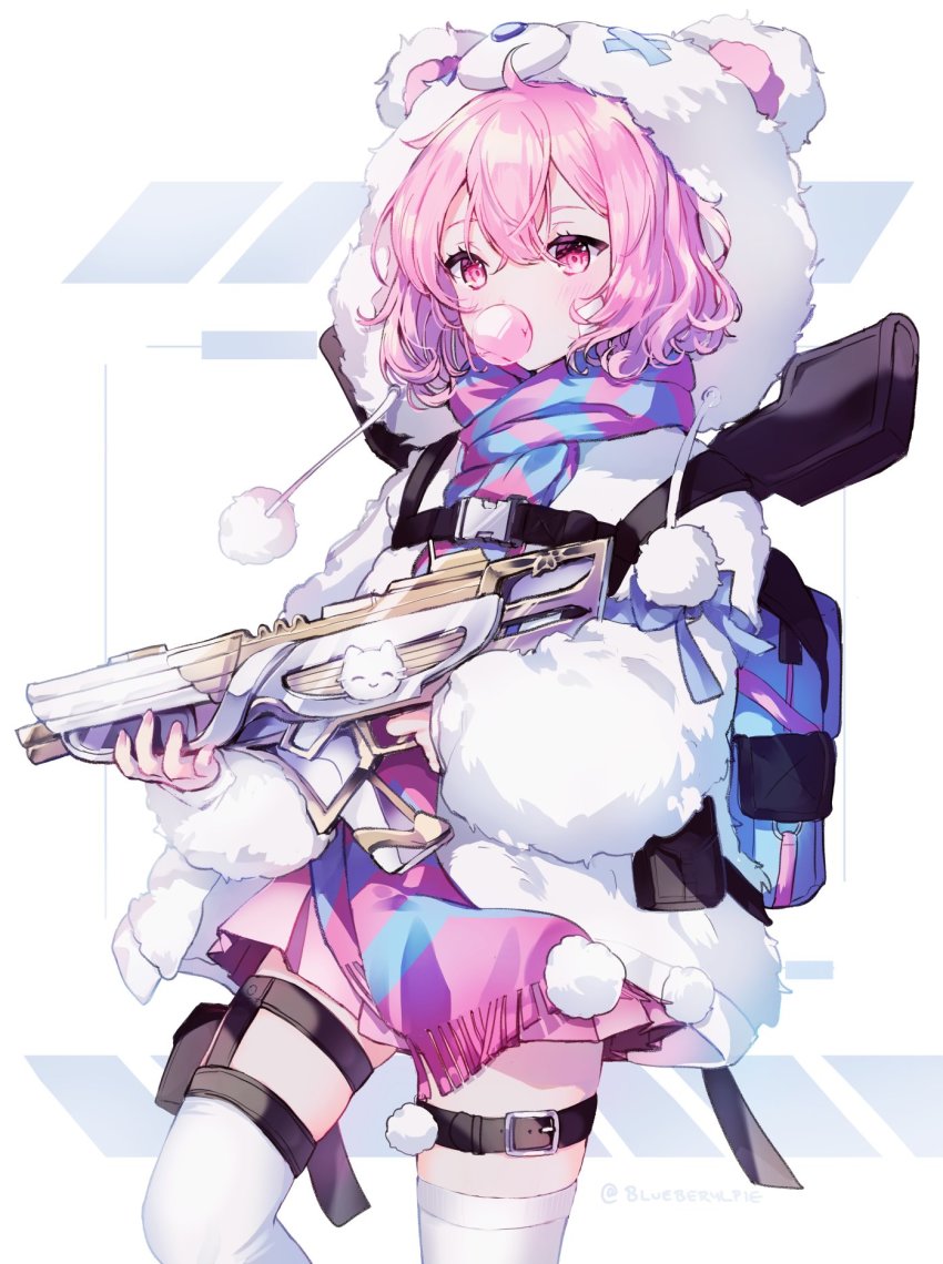 1girl, animal_costume, apex_legends, backpack, bag, belt, beryl_(blueberylpie), brudda_bear_gibraltar, chewing_gum, fur_trim, gibraltar_(apex_legends), gun, hair_between_eyes, highres, indie_utaite, jacket, long_sleeves, niconico, nqrse, pink_hair, pink_skirt, scarf, short_hair, skirt, solo, striped_clothes, striped_scarf, thighhighs, utaite, weapon, white_thighhighs