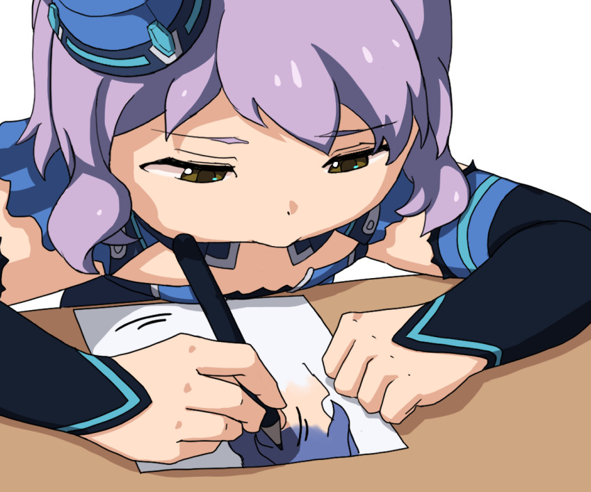 1girl, black_sleeves, blue_dress, blue_hat, breasts, check_commentary, cleavage_cutout, clenched_hand