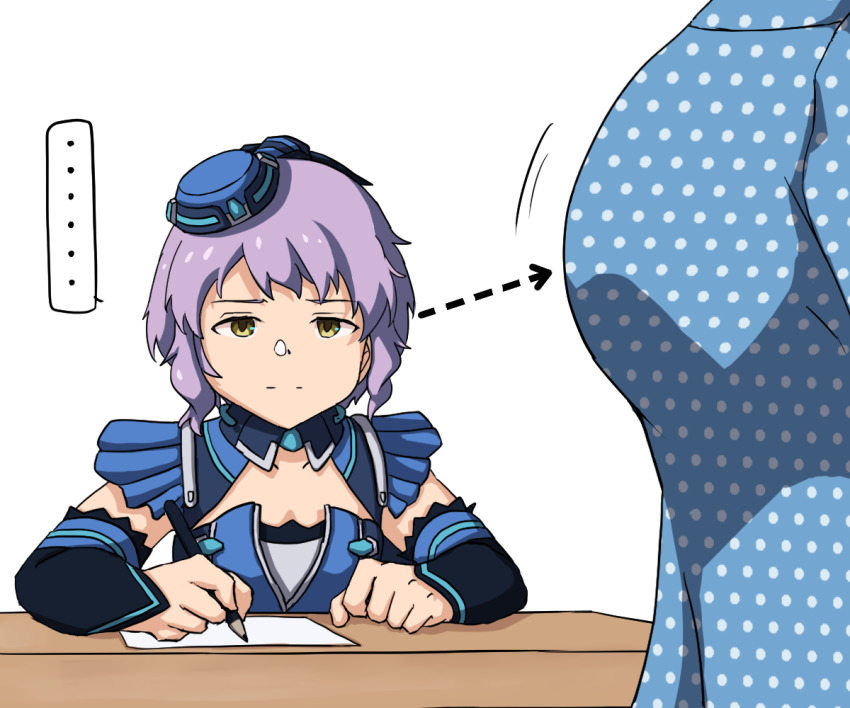 ..., 2girls, arrow_(symbol), black_sleeves, blue_dress, blue_headwear, breast_envy, breasts