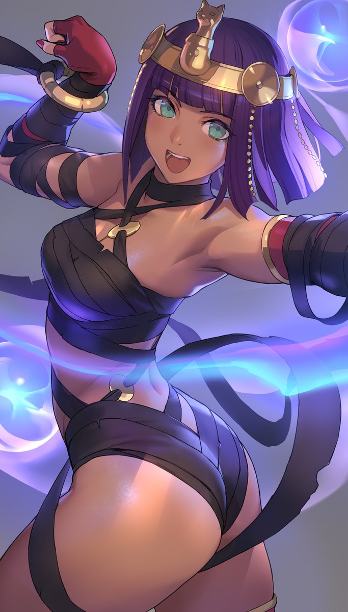 1girl, :d, ameno_tetsuo, ass, bandages, blunt_bangs, breasts, dark-skinned_female, dark_skin, fingerless_gloves, from_behind, gloves, highres, looking_at_viewer, medium_breasts, menat, mummification_(non_bound), open_mouth, purple_hair, short_hair, smile, solo, street_fighter, street_fighter_v