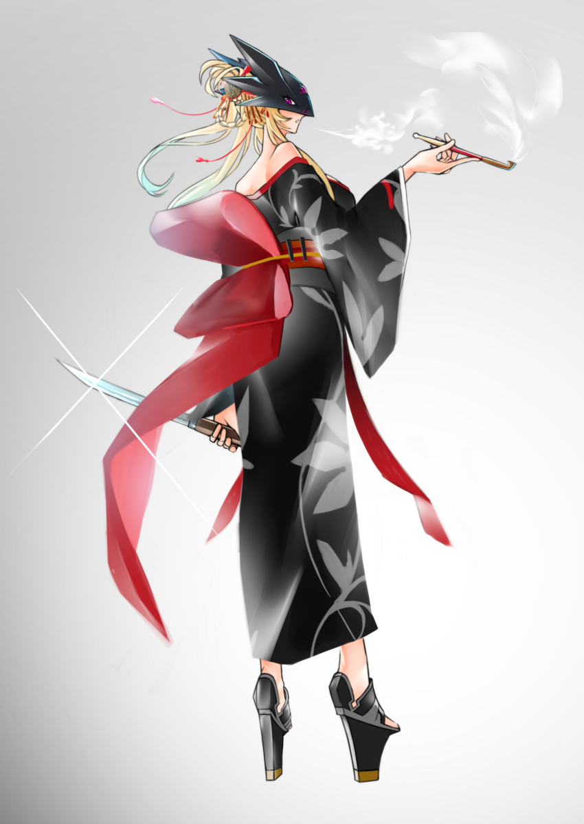 1girl, absurdres, bare_shoulders, beelstarmon, blonde_hair, digimon, eye_mask, highres, jiyuuya, kiseru, knife, long_hair, looking_at_viewer, mask, red_eyes, smoke, smoking, smoking_pipe, solo, third_eye, wakazashi