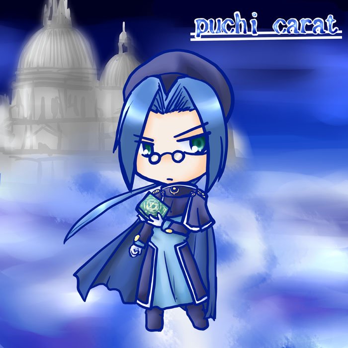 1boy, book, cape, glasses, paz_(puchi_carat), ponytail, puchi_carat, taito