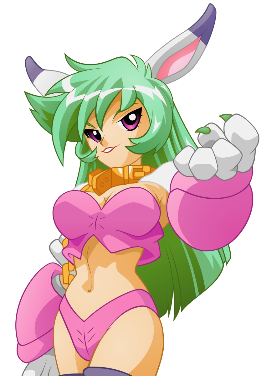 1girl, animal_ears, green_hair, highres, long_hair, peridot_(puchi_carat), pink_eyes, puchi_carat, rabbit_ears, taito