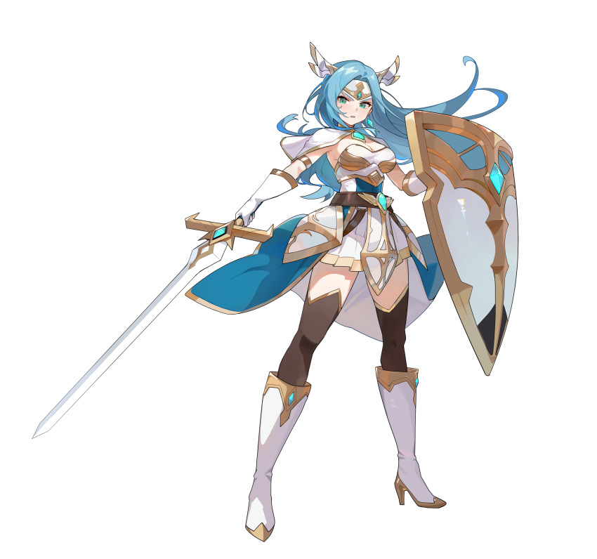 >:(, 1girl, absurdres, armor, armored_dress, belt, blue_eyes, blue_hair, breastplate, breasts, capelet, cleavage, dress, forehead_protector, game_cg, gloves, guardian_tales, headpiece, highres, holding, holding_sword, holding_weapon, lard_(kumazakiyuta), legendary_hero_erina, medium_breasts, official_art, shield, sword, transparent_background, v-shaped_eyebrows, waist_cape, weapon, white_capelet, white_dress