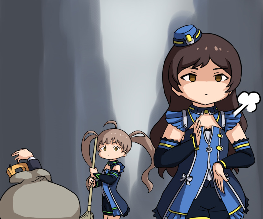 1boy, 2girls, ahoge, black_shorts, black_sleeves, blue_dress, blue_headwear, broom