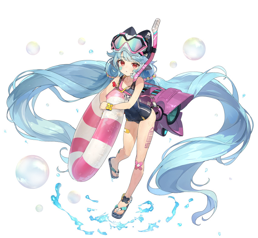 1girl, absurdres, bandaid, barcode, blue_hair, bracelet, breathing_tube, bubble
