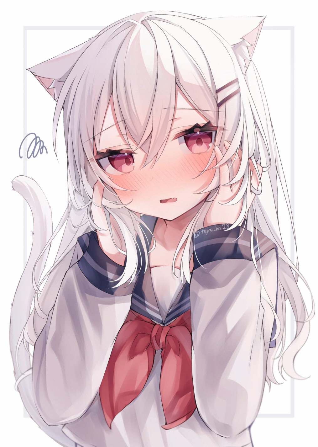 1girl, animal_ear_fluff, animal_ears, black_sailor_collar, blush, cat_ears, cat_girl, cat_tail