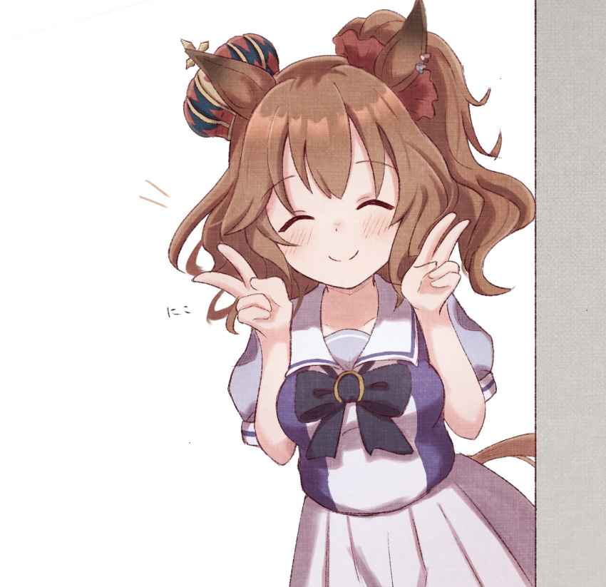 1girl, ^_^, animal_ears, aston_machan_(umamusume), black_bow, blue_shirt, blush, bow