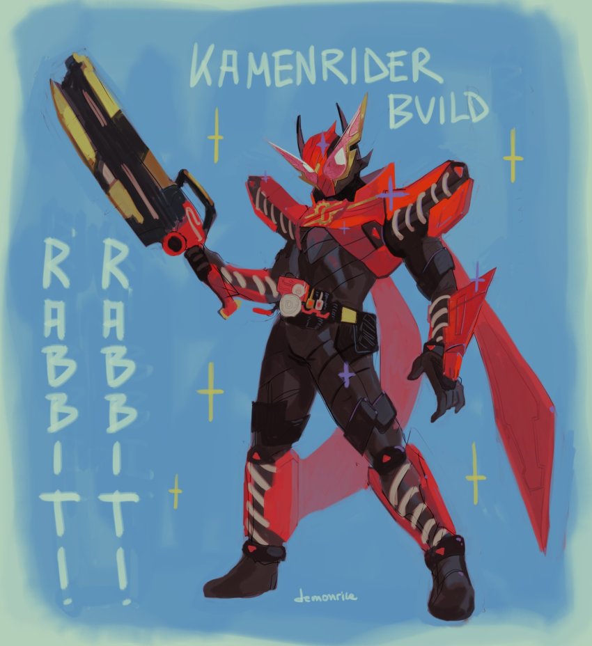 1boy, armor, blue_background, compound_eyes, demonnnrice, flat_color, fullbottle_buster, hazard_trigger