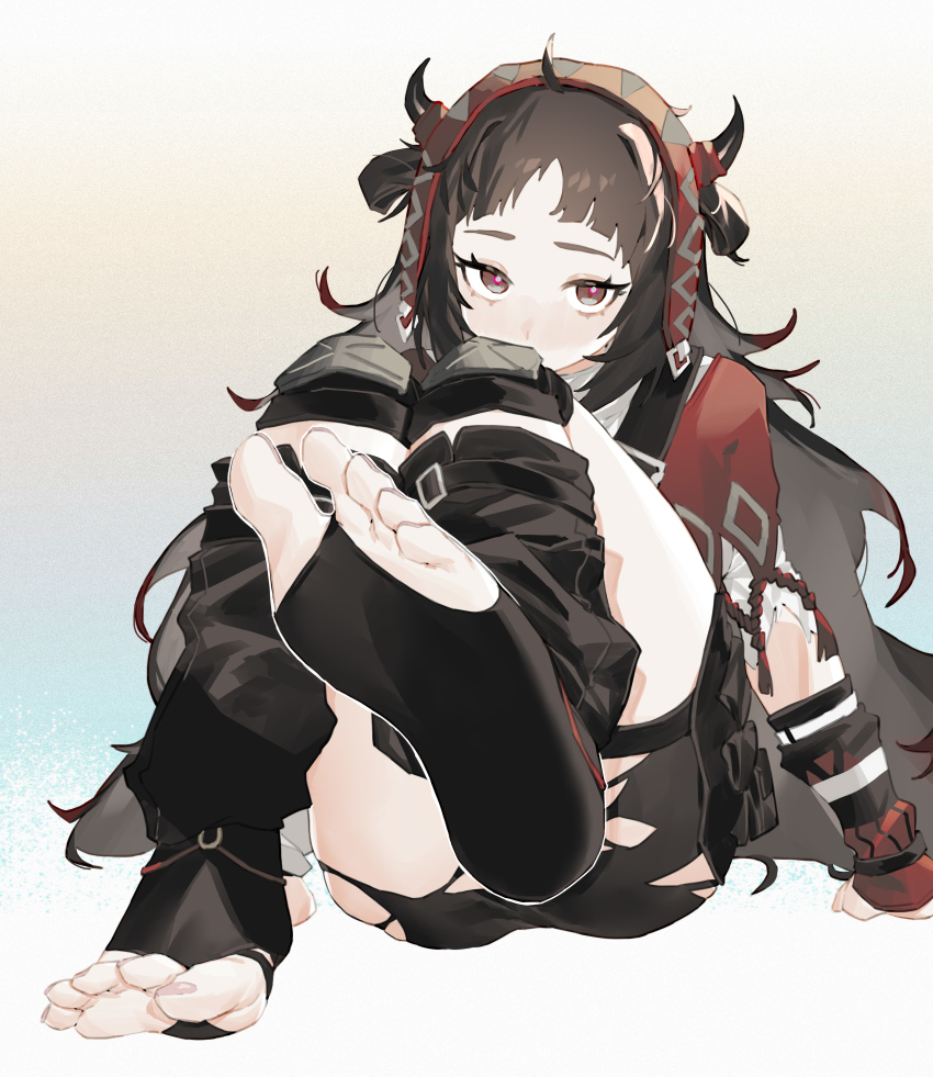 1girl, absurdres, arknights, black_hair, feet, highres, long_hair, looking_at_viewer, paprika_(arknights), soles, toeless_legwear, toes