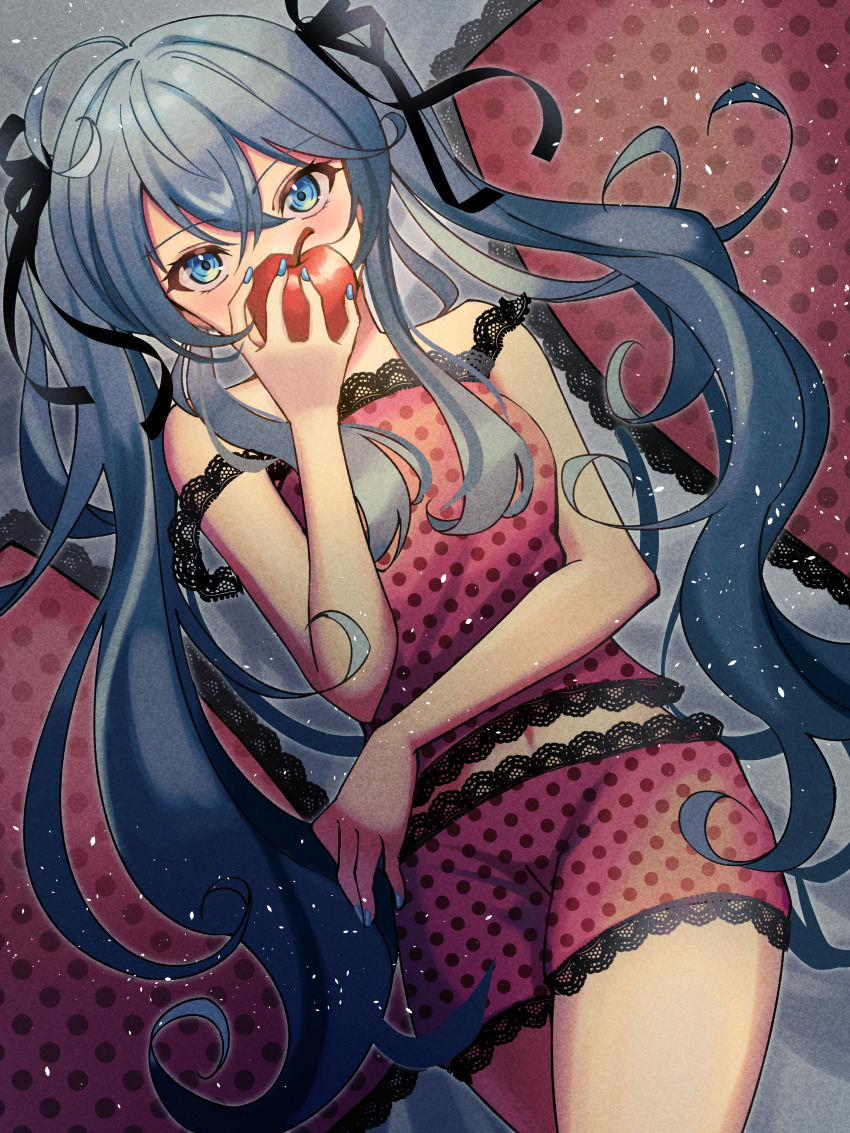 1girl, absurdres, apple, aqua_eyes, aqua_hair, aqua_nails, bare_arms, bare_legs