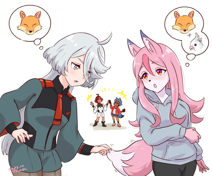 +++, 2022, 4girls, ahoge, animal_ears, animal_nose, bird, black_footwear