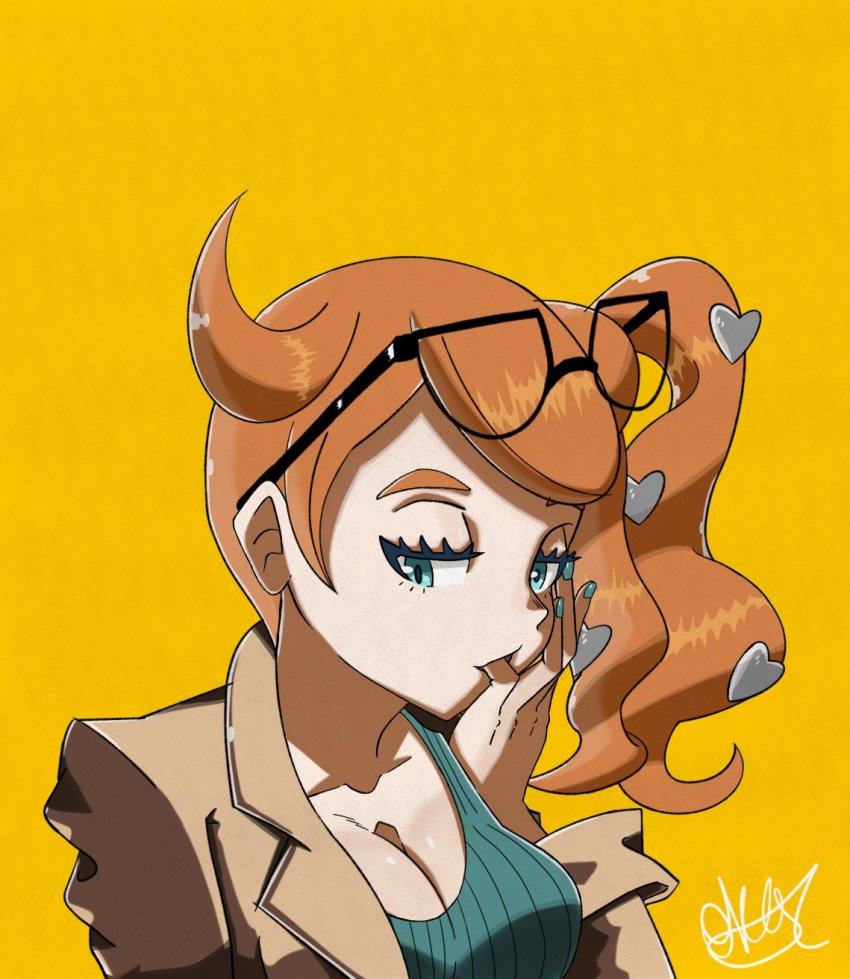 1girl, aqua_eyes, aqua_nails, aqua_shirt, aurathyzora, breasts, brown_coat, cleavage