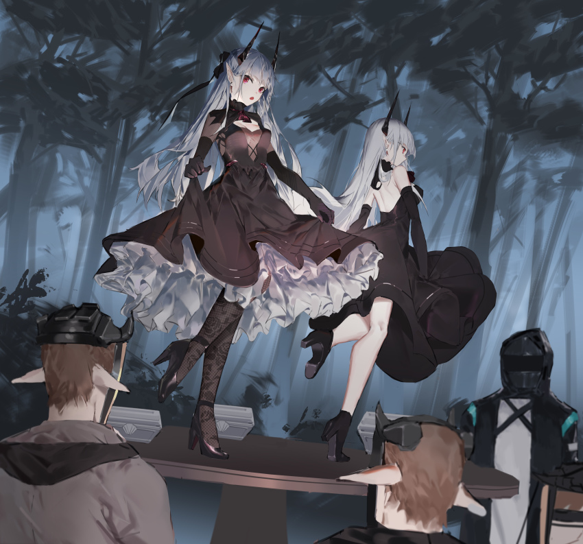 1other, 2girls, 3boys, :o, absurdres, arknights, bare_shoulders, black_coat, black_dress, black_footwear, black_gloves, black_pantyhose, breasts, chained_sarkaz_girl_(arknights), cleavage, cleavage_cutout, clothing_cutout, coat, dancing, doctor_(arknights), dress, elbow_gloves, floral_print, frilled_dress, frills, full_body, gloves, grey_hair, high_heels, highres, holding_own_dress, hood, hood_up, hooded_coat, horns, leg_up, long_hair, looking_at_viewer, mask, medium_breasts, multiple_boys, multiple_girls, neck_ribbon, on_table, open_mouth, pantyhose, photoshop_(medium), red_eyes, red_ribbon, ribbon, rose_print, sarkaz_swordsman_(arknights), standing, standing_on_one_leg, table, very_long_hair, winku