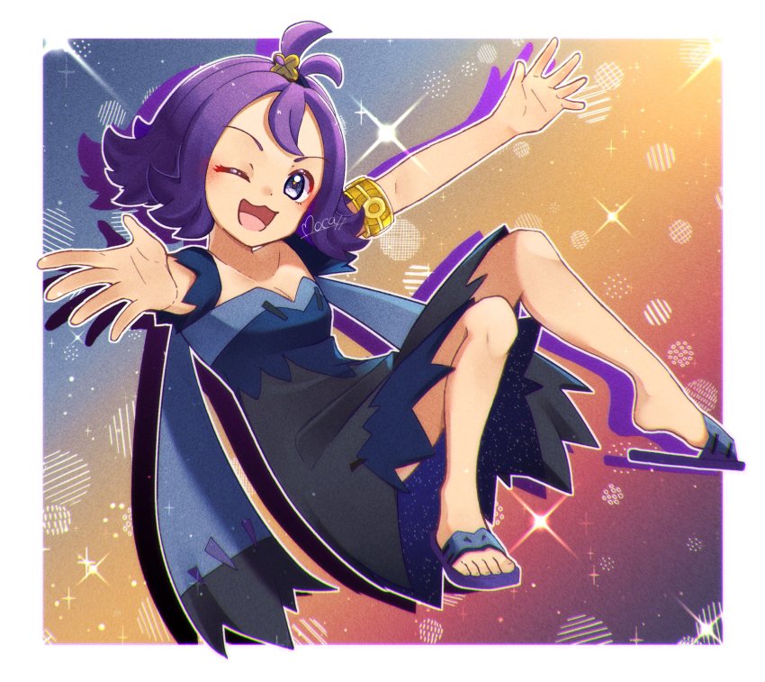 1girl, ;d, acerola_(pokemon), armlet, blue_dress, border, commentary_request, dress