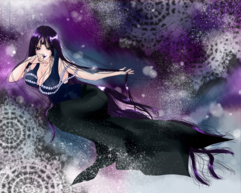 1990s_(style), 1girl, bad_id, bad_pixiv_id, bishoujo_senshi_sailor_moon, bishoujo_senshi_sailor_moon_s, breasts, cleavage, covering_own_mouth, facial_mark, female_focus, forehead_mark, hand_on_own_face, hand_over_own_mouth, icchii, jewelry, large_breasts, lipstick, long_hair, lying, makeup, mistress_9, necklace, on_side, pph, purple_eyes, purple_hair, purple_theme, retro_artstyle, smile, solo, star_(symbol), tomoe_hotaru, very_long_hair