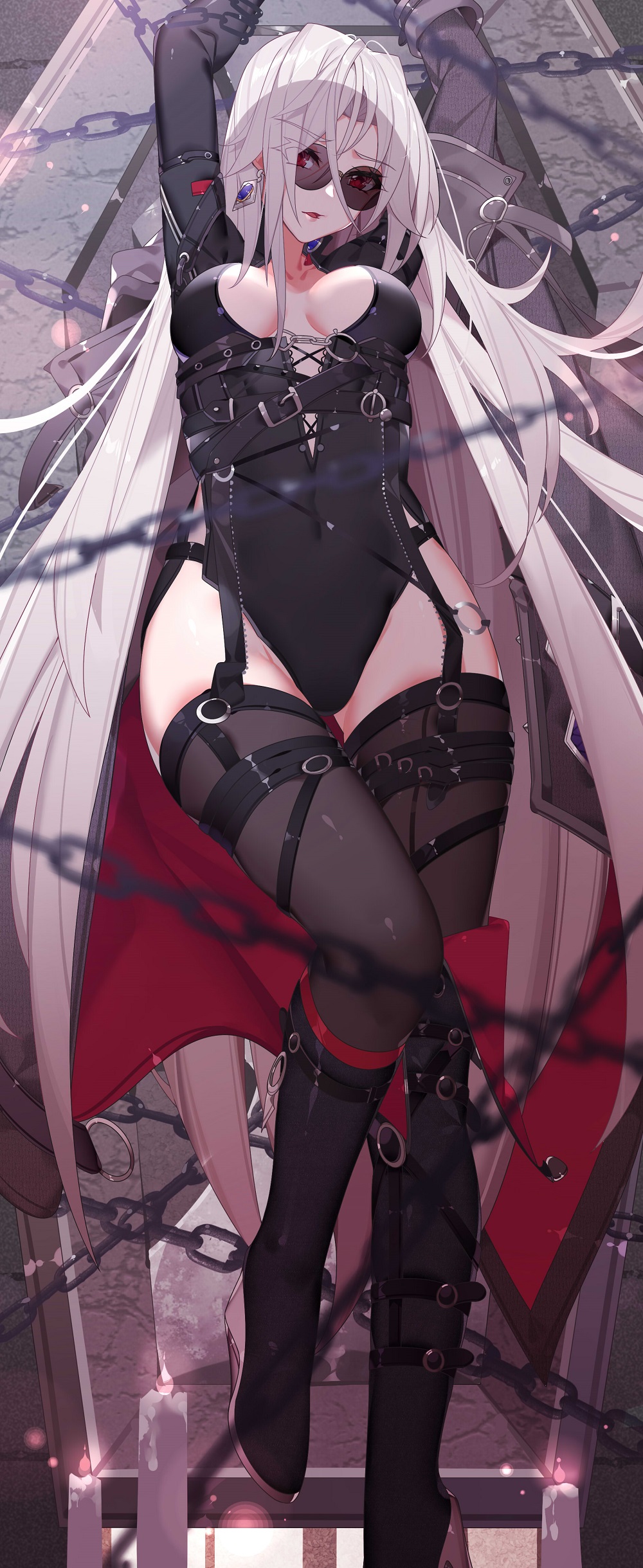 1girl, absurdres, arms_up, black_footwear, cleavage_cutout, clothing_cutout, dungeon_and_fighter, earrings, female_slayer_(dungeon_and_fighter), highres, jewelry, long_hair, long_sleeves, nami_qi, open_mouth, red_eyes, restrained, revealing_clothes, spectre_(dungeon_and_fighter), sunglasses, thighhighs, white_hair