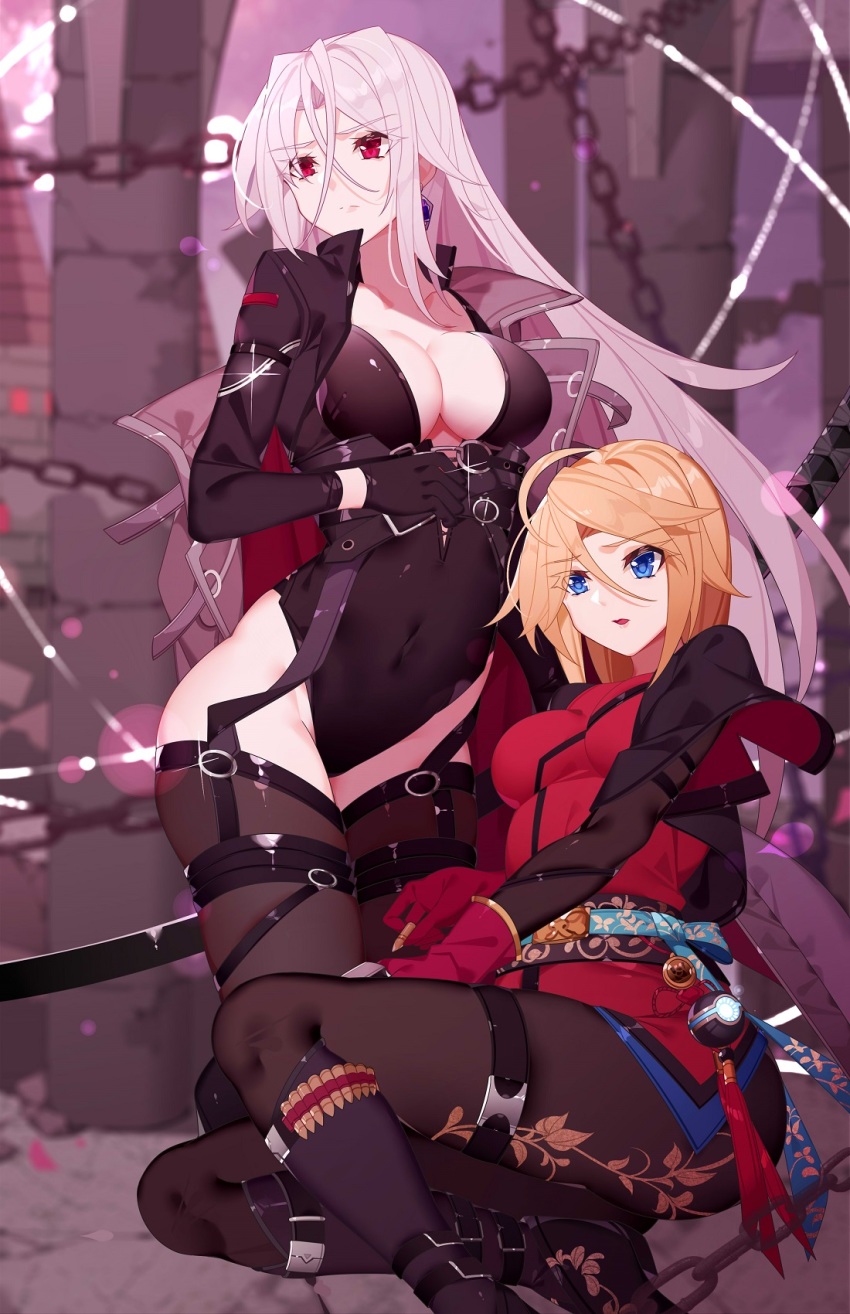 2girls, black_gloves, blonde_hair, blue_eyes, brown_pantyhose, chain, cleavage_cutout, clothing_cutout
