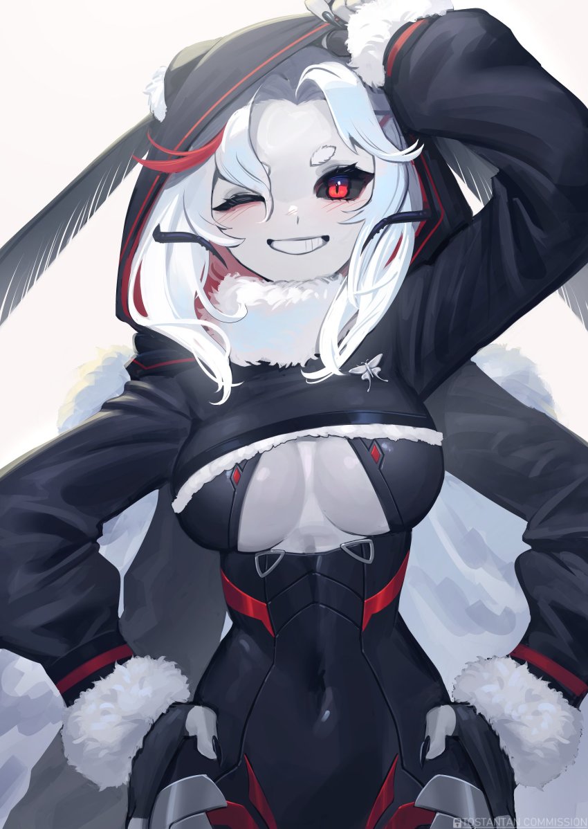 1girl, ;), antennae, arm_up, arthropod_girl, black_gloves, black_nails, black_sclera, breasts, colored_sclera, colored_skin, commentary, commission, covered_navel, english_commentary, extra_arms, fingerless_gloves, fingernails, fur-trimmed_sleeves, fur_collar, fur_trim, gloves, grey_skin, grin, hairband, hands_on_own_hips, highres, hood, hood_up, indie_virtual_youtuber, insect_girl, large_breasts, long_fingernails, long_hair, long_sleeves, looking_at_viewer, lyra_calyptra, monster_girl, moth_antennae, moth_girl, nail_polish, one_eye_closed, red_eyes, red_hairband, smile, solo, tostantan, virtual_youtuber, white_hair