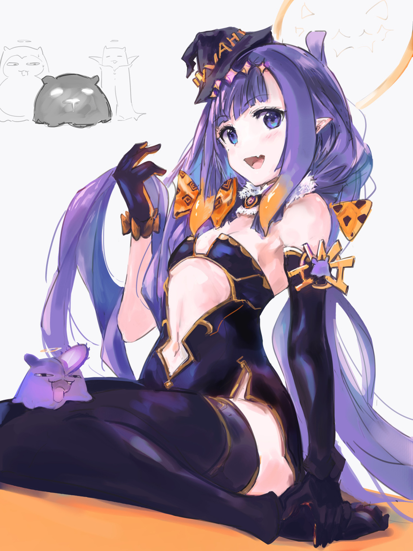 1girl, asymmetrical_gloves, bare_shoulders, black_collar, black_dress, black_gloves, black_thighhighs, blue_eyes, blunt_bangs, blush, bow, chainsaw_man, clothing_cutout, collar, cosplay, cutout_above_navel, diamond_hairband, dress, elbow_gloves, fang, flat_chest, fur-trimmed_collar, fur_choker, fur_trim, gen_1_pokemon, gloves, gradient_hair, halloween, halloween_costume, halo, hat, headpiece, highres, hololive, hololive_english, jack-o'-lantern, long_hair, mini_hat, mole, mole_under_eye, multicolored_hair, navel, ninomae_ina'nis, nintendo, open_mouth, orange_bow, orange_hair, pochita_(chainsaw_man), pochita_(chainsaw_man)_(cosplay), pointy_ears, pokemon, purple_hair, short_dress, sidelocks, simple_background, single_elbow_glove, sitting, sketch, skin_fang, snorlax, strapless, strapless_dress, takodachi_(ninomae_ina'nis), tallgeese_(lgeesel), tentacle_hair, thighhighs, tongue, tongue_out, tube_dress, uneven_gloves, vampire_costume, very_long_hair, virtual_youtuber, wariza, white_background, witch_hat