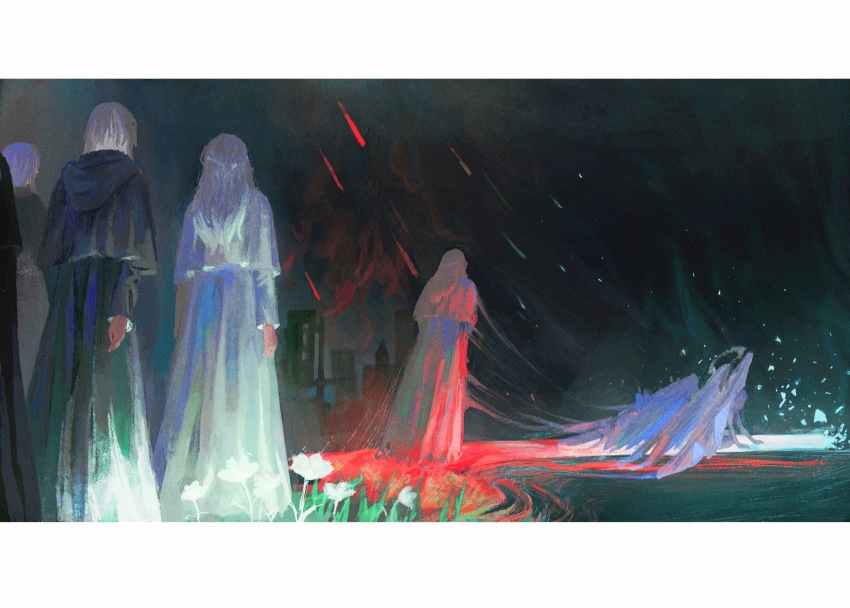 2boys, 3girls, absurdres, all_fours, amaurot, arms_at_sides, black_capelet, black_robe