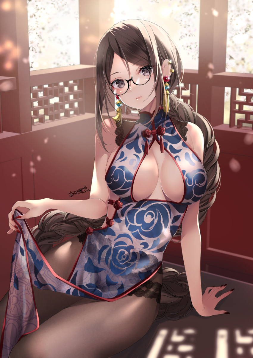 1girl, akatsuki_hijiri, arm_support, bare_arms, bare_shoulders, black-framed_eyewear, black_pantyhose, braid