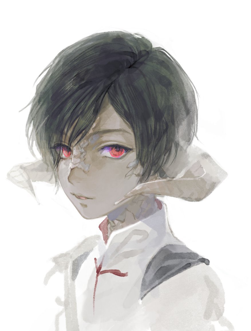 1boy, au_ra, black_hair, collared_shirt, commentary_request, curled_horns, dragon_boy, dragon_horns