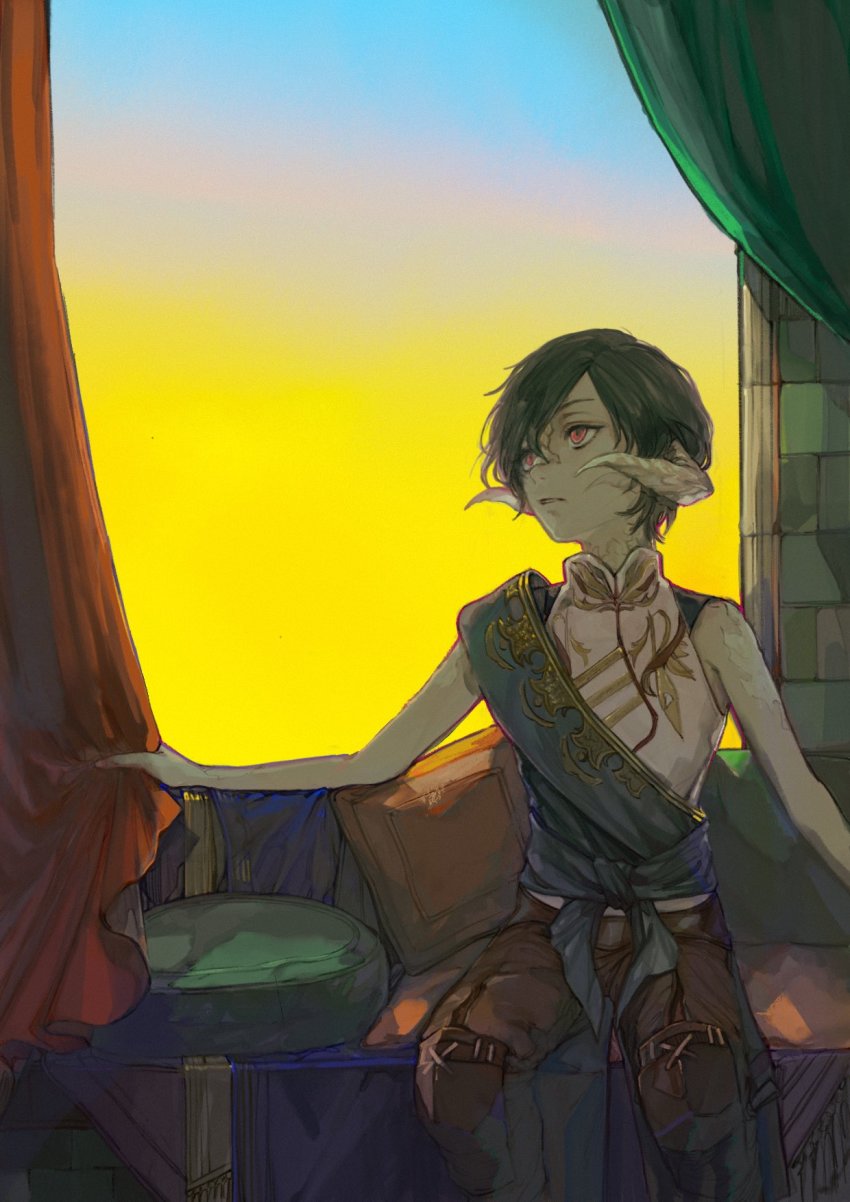 1boy, asian_indian_clothes, au_ra, black_hair, brown_pants, clear_sky, collared_shirt, curled_horns