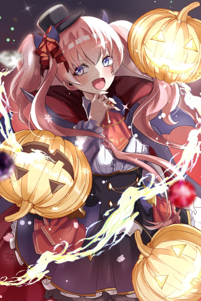 bat_wings, black_hat, cape, fang, halloween, hat, highres, ho_4504, mini_hat, pink_hair, princess_connect!, pumpkin, purple_eyes, ribbon, smile, tsumugi_(halloween)_(princess_connect!), tsumugi_(princess_connect!), twintails, wings