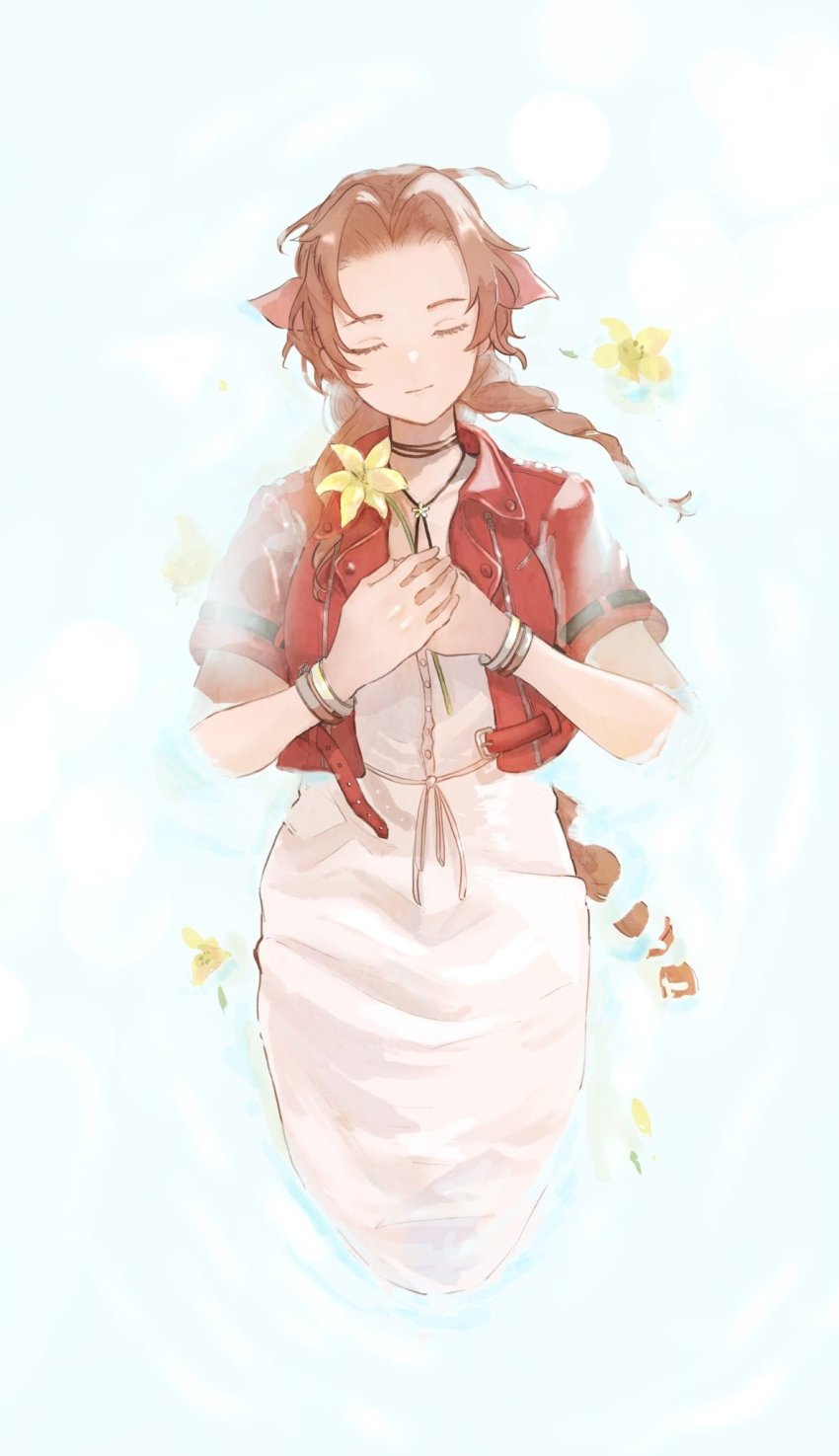 1girl, aerith_gainsborough, bangle, bracelet, braid, braided_ponytail, brown_hair, choker, closed_eyes, cowboy_shot, cropped_jacket, dress, final_fantasy, final_fantasy_vii, final_fantasy_vii_remake, flower, flower_choker, hair_ribbon, highres, holding, holding_flower, jacket, jewelry, korunosabu, lily_(flower), long_dress, long_hair, own_hands_together, parted_bangs, partially_submerged, pink_dress, pink_ribbon, red_jacket, ribbon, short_sleeves, sidelocks, solo, yellow_flower