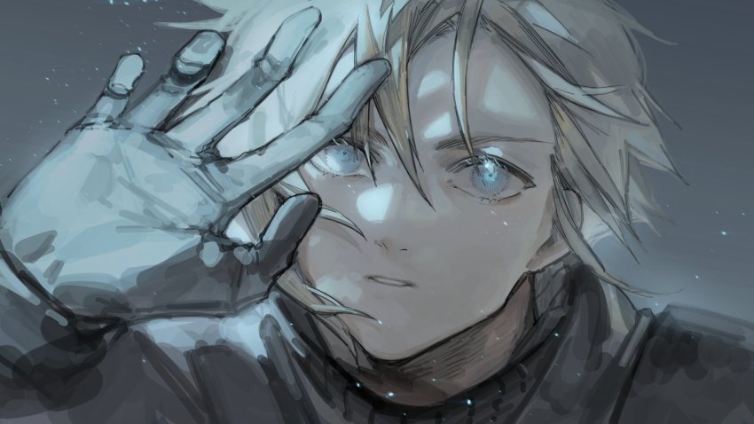 1boy, armor, black_gloves, blonde_hair, blue_eyes, cloud_strife, final_fantasy, final_fantasy_vii, gloves, grey_background, hair_between_eyes, hand_over_face, highres, looking_at_viewer, male_focus, parted_lips, riio, shading_eyes, short_hair, shoulder_armor, sleeveless, sleeveless_turtleneck, solo, spiked_hair, turtleneck, upper_body