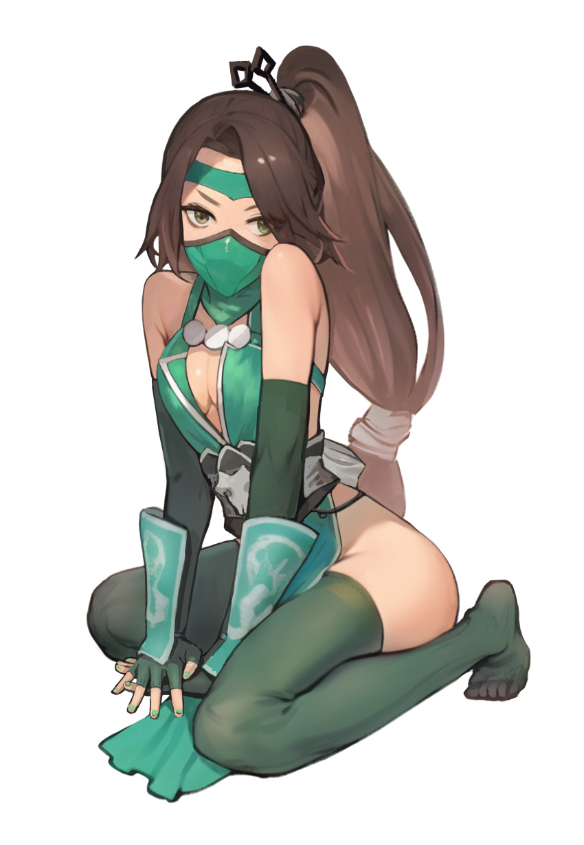 1girl, absurdres, akali, ass, bare_shoulders, breasts, brown_hair, cleavage, elbow_gloves, gloves, green_gloves, green_thighhighs, highres, league_of_legends, long_hair, looking_at_viewer, mask, medium_breasts, mouth_mask, ninja, no_panties, no_shoes, own_hands_together, seiza, simple_background, sitting, solo, thighhighs, white_background, zhengwei_(nobber)