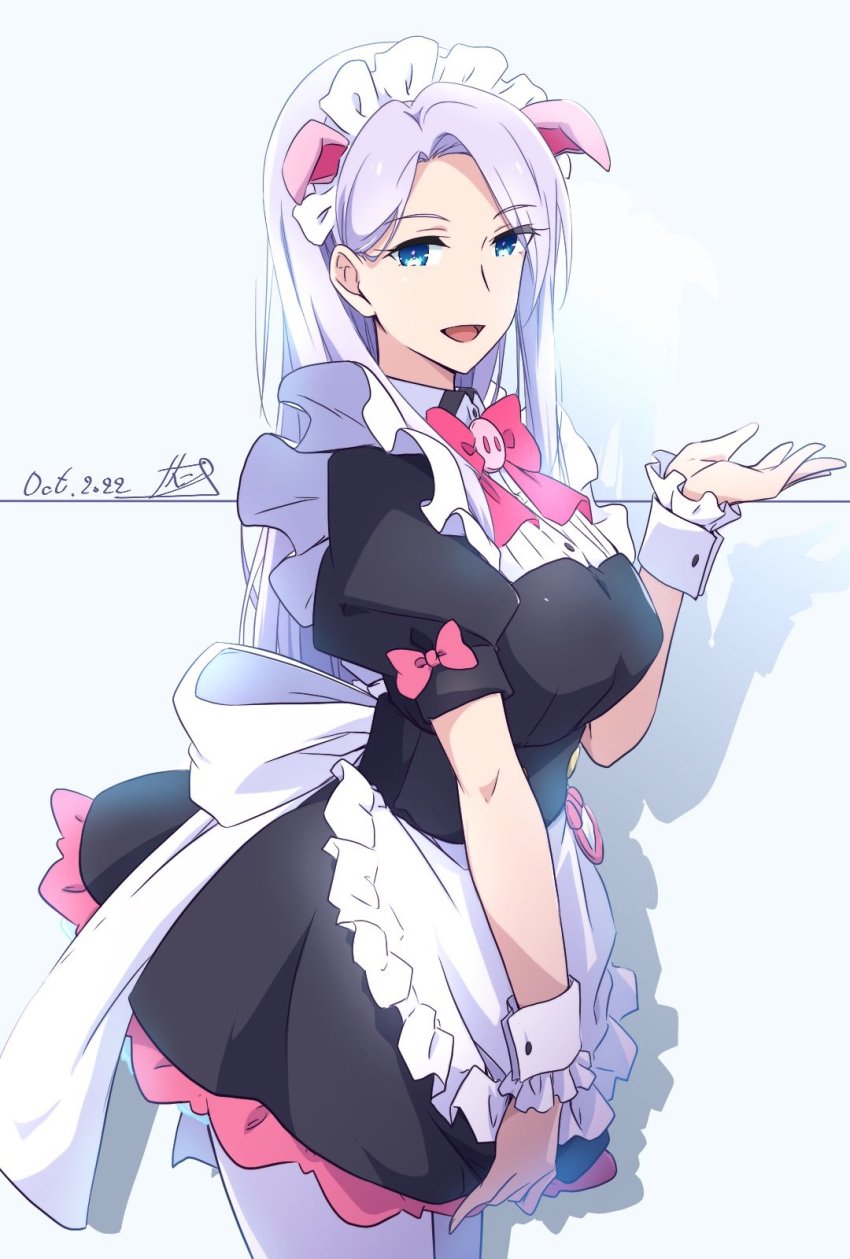 1girl, akiba_maid_sensou, animal_ears, apron, black_dress, blue_eyes, bow, bowtie, breasts, commentary_request, dated, dress, eyes_visible_through_hair, fake_animal_ears, frilled_apron, frilled_dress, frills, from_side, hand_up, highres, large_breasts, long_hair, looking_at_viewer, maid, maid_apron, maid_headdress, nii_manabu, pantyhose, pig_ears, pig_snout, pink_bow, pink_bowtie, puffy_short_sleeves, puffy_sleeves, purple_hair, short_sleeves, signature, smile, solo, swept_bangs, white_apron, white_pantyhose, wrist_cuffs, zoya_(akiba_maid_sensou)