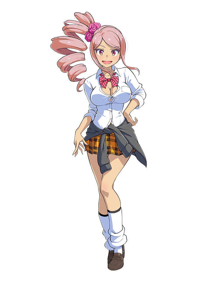 1girl, bow, breasts, cleavage, clothes_around_waist, collared_shirt, dark_skin, drill_hair