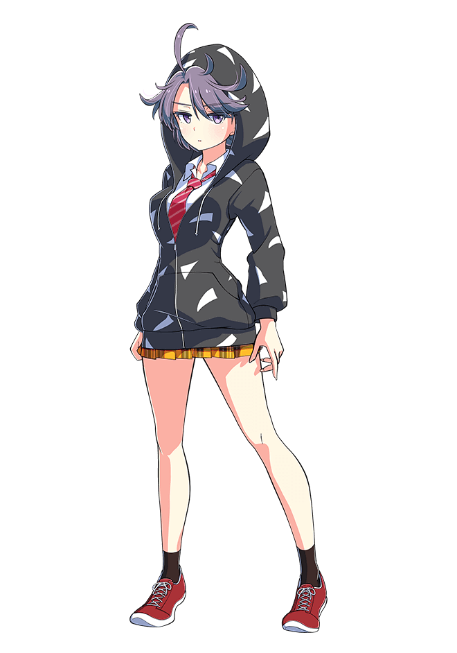 1girl, ahoge, black_hoodie, black_socks, breasts, collared_shirt, full_body, grey_hair