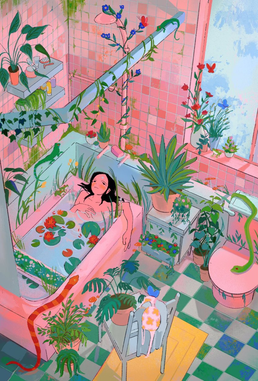 1girl, bath, bathing, bathroom, bathtub, bigskycastle, black_hair, chair