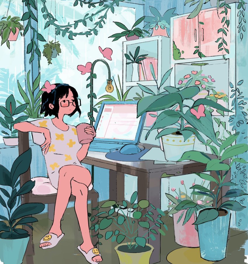 1girl, bigskycastle, bookshelf, computer, glasses, highres, indoors, laptop