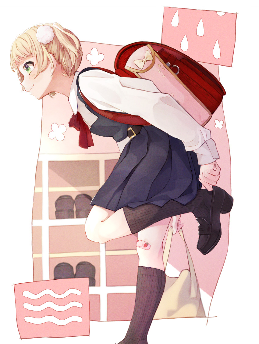 1girl, adjusting_clothes, adjusting_shoe, aged_down, backpack, bag, bandaid, bandaid_on_knee, bandaid_on_leg, black_shoes, black_socks, blonde_hair, blunt_bangs, blush, closed_mouth, collared_shirt, dress, dress_shirt, full_body, green_eyes, grey_dress, grey_jacket, hair_ornament, highres, indie_virtual_youtuber, jacket, kneehighs, loafers, official_alternate_hairstyle, pinafore_dress, pinkusan, pom_pom_(clothes), pom_pom_hair_ornament, randoseru, red_bag, school_uniform, shigure_ui_(vtuber), shigure_ui_(young)_(vtuber), shirt, shoes, short_hair, sleeveless, sleeveless_dress, smile, socks, solo, twintails, virtual_youtuber, white_shirt