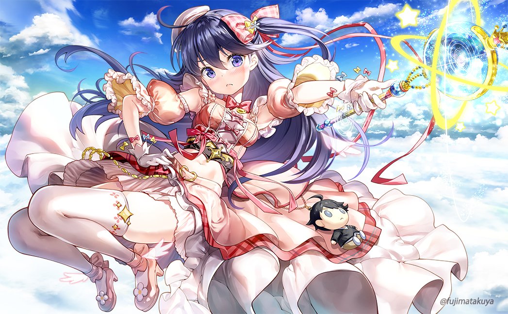 angry, blue_eyes, blue_hair, bow, breasts, character_doll, cloud, detached_sleeves