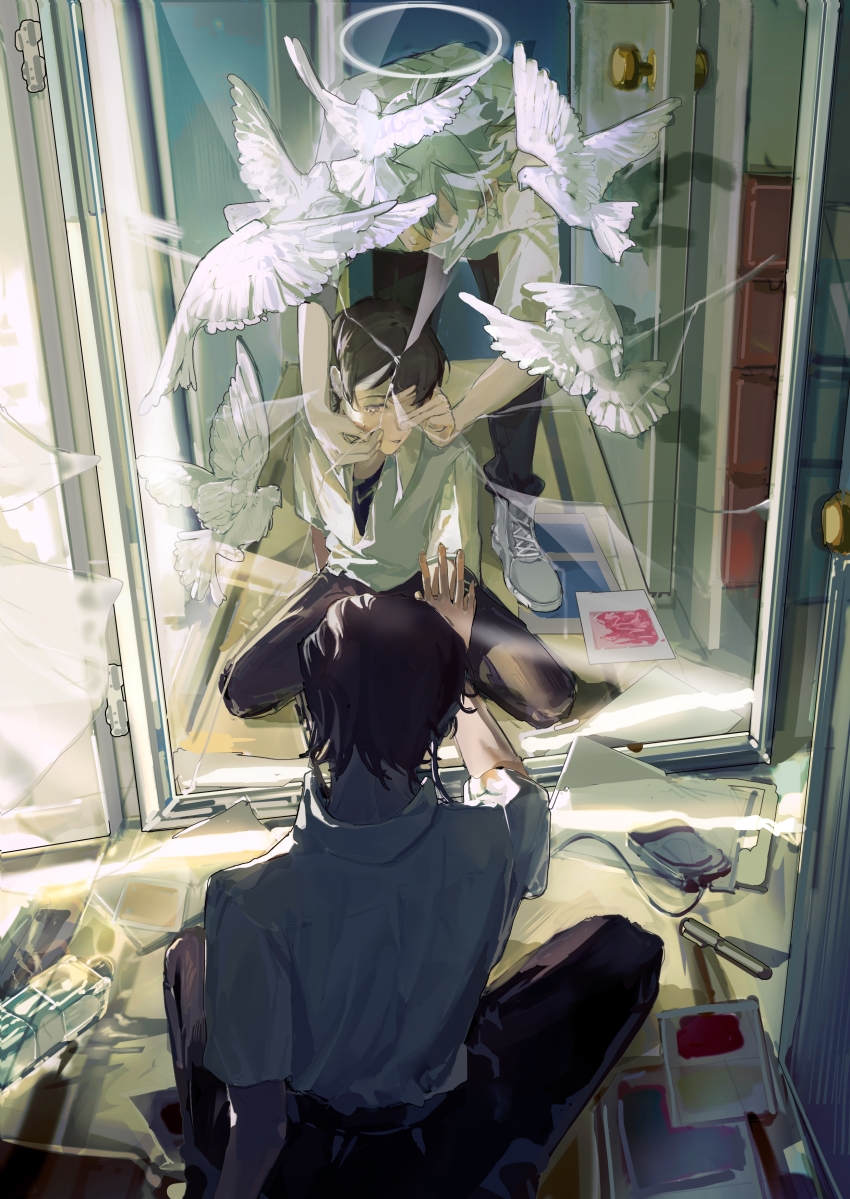 3boys, absurdres, against_glass, bird, black_hair, black_pants, bottle, chinese_commentary, commentary_request, covered_eyes, crack, cracked_glass, cross-laced_footwear, crying, crying_with_eyes_open, day, door, dove, dreamfulinmine, dual_persona, from_above, glass_door, grey_eyes, grey_footwear, grey_hair, halo, hand_on_glass, hands_on_another's_face, highres, ikari_shinji, indoors, leaning_forward, light_rays, male_focus, mixed-language_commentary, multiple_boys, nagisa_kaworu, neon_genesis_evangelion, on_floor, one_eye_covered, open_door, pants, parted_lips, partial_commentary, shirt, short_hair, sitting, sunbeam, sunlight, tears, wariza, white_bird, white_shirt