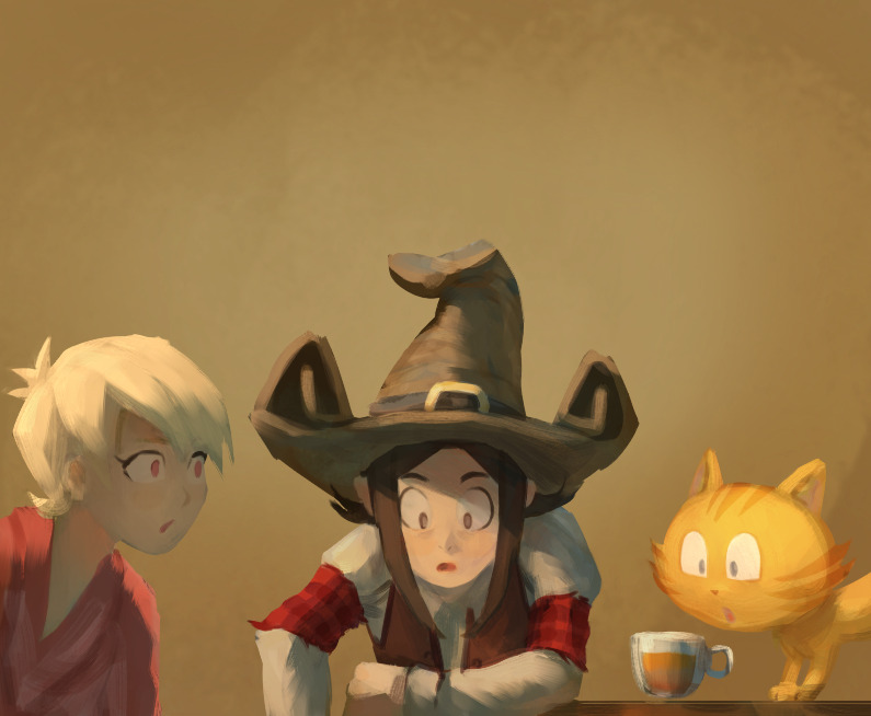 blonde_hair, brown_eyes, brown_hair, carrot_(pepper_and_carrot), cup, david_revoy, flat_color, grey_eyes, hat, herge_(style), looking_at_another, looking_down, meme, pepper_(pepper_and_carrot), pepper_and_carrot, red_eyes, red_fur, shichimi_(pepper_and_carrot), what_a_week_(meme), witch_hat