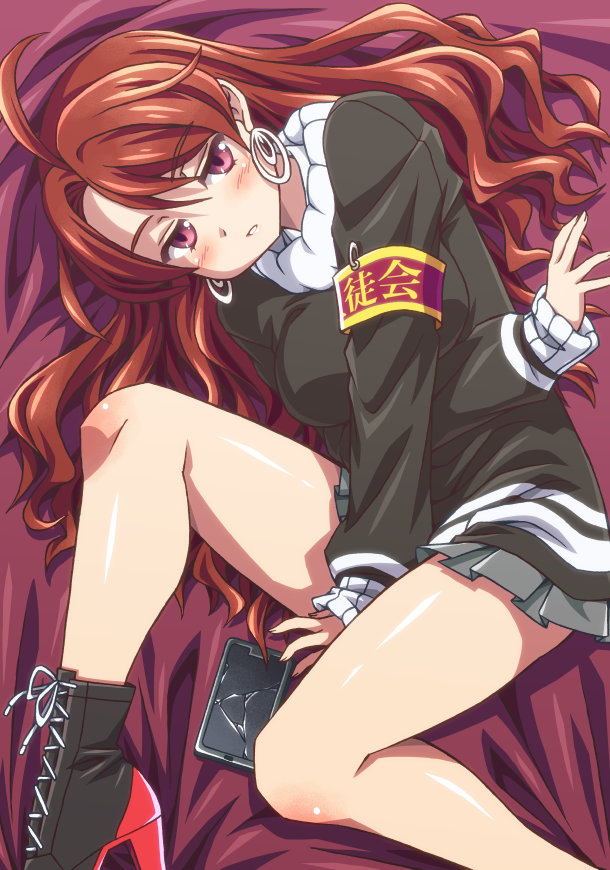 1girl, ahoge, arihitom, armband, black_shirt, blush, boots, breasts