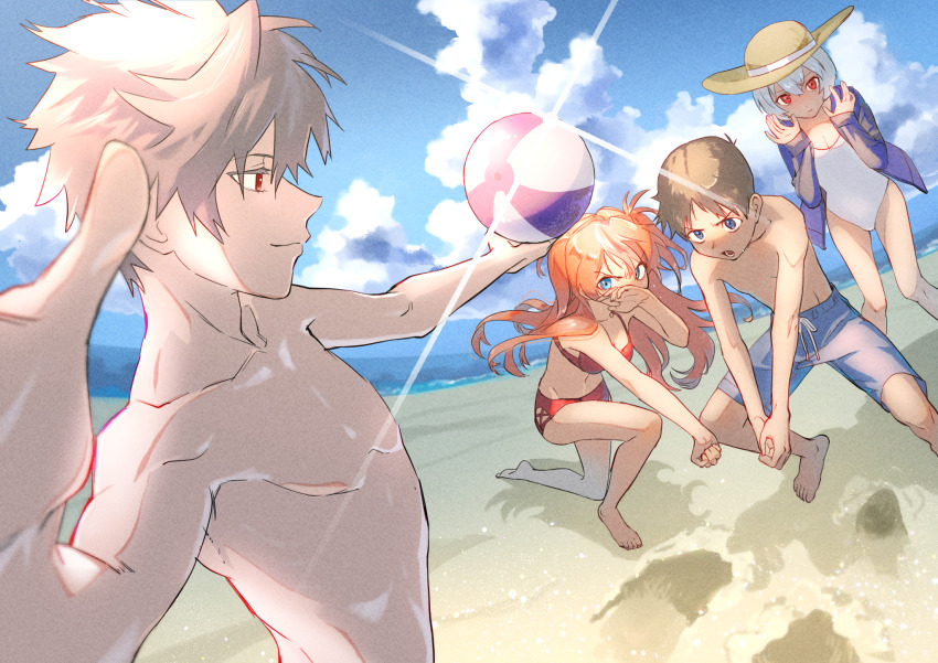 2boys, 2girls, armpits, ayanami_rei, ball, barefoot, beach, beach_volleyball, beachball, bikini, black_hair, blue_eyes, blue_male_swimwear, blue_sky, breasts, brown_hair, cleavage, cloud, cloudy_sky, drawstring, feet, grey_hair, hat, highres, ikari_shinji, long_hair, looking_at_another, male_swimwear, medium_breasts, multiple_boys, multiple_girls, nagisa_kaworu, naimaze_atakamo, neon_genesis_evangelion, no_nipples, one-piece_swimsuit, orange_hair, pectorals, playing_sports, red_bikini, red_eyes, sand, short_hair, sky, small_breasts, souryuu_asuka_langley, sun_hat, swim_trunks, swimsuit, teamwork, very_long_hair, volleyball, volleyball_(object), white_one-piece_swimsuit