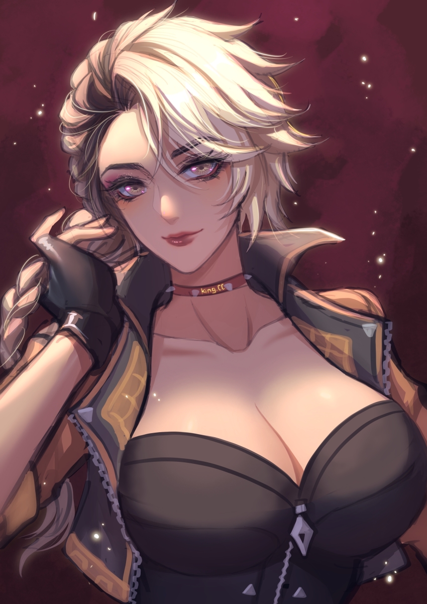 1girl, absurdres, animification, apex_legends, artist_name, black_corset, black_jacket, blonde_hair, braid, breaking_the_law_loba, breasts, brown_eyes, brown_hair, choker, cleavage, collarbone, colored_inner_hair, corset, cropped_jacket, eyeshadow, head_tilt, highres, jacket, king.cc, large_breasts, loba_(apex_legends), long_hair, makeup, multicolored_hair, official_alternate_costume, orange_choker, pink_eyeshadow, smile, solo, spiked_choker, spikes
