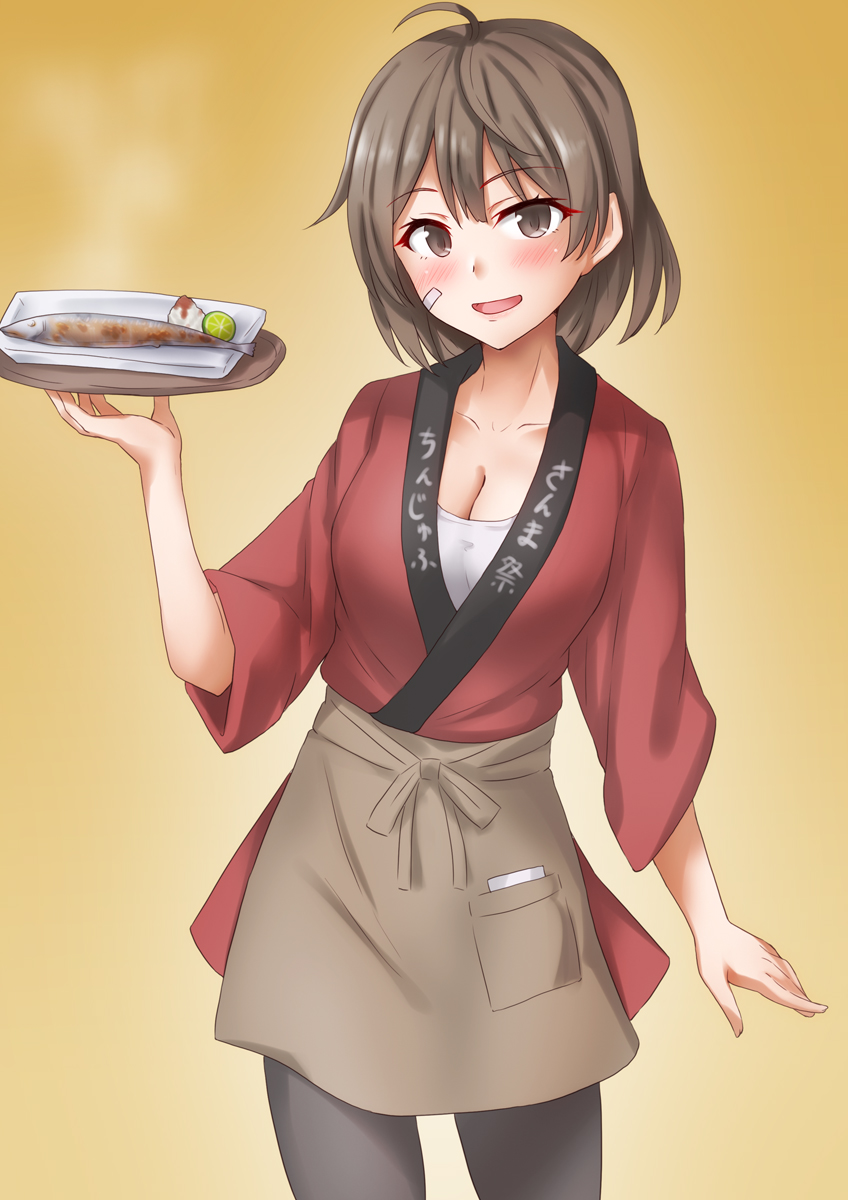 1girl, anti_(untea9), apron, black_pantyhose, brown_apron, cowboy_shot, fish, fish_(food), food, fruit, gradient_background, highres, holding, holding_tray, japanese_clothes, kantai_collection, kimono, lemon, long_sleeves, looking_at_viewer, oboro_(kancolle), official_alternate_costume, pantyhose, pocket, red_kimono, red_shirt, shirt, smile, solo, tartar_sauce, tray, twitter_username, waitress, wide_sleeves, yellow_background