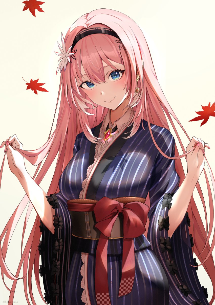 1girl, absurdres, autumn_leaves, bird_girl, blue_eyes, blush, bow, breasts