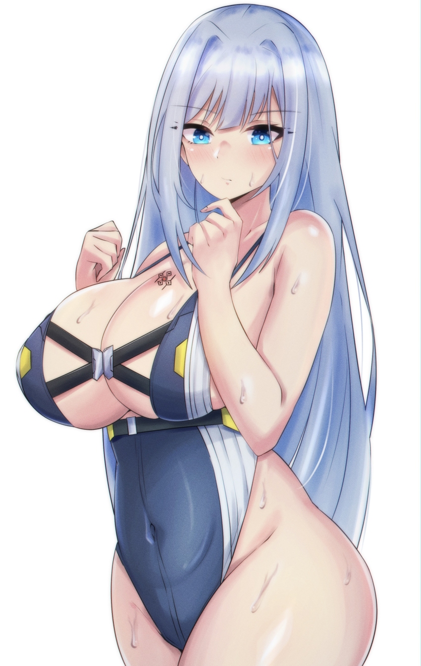 1girl, absurdres, alternate_costume, blue_eyes, breast_tattoo, breasts, ethel_(xenoblade), grey_hair